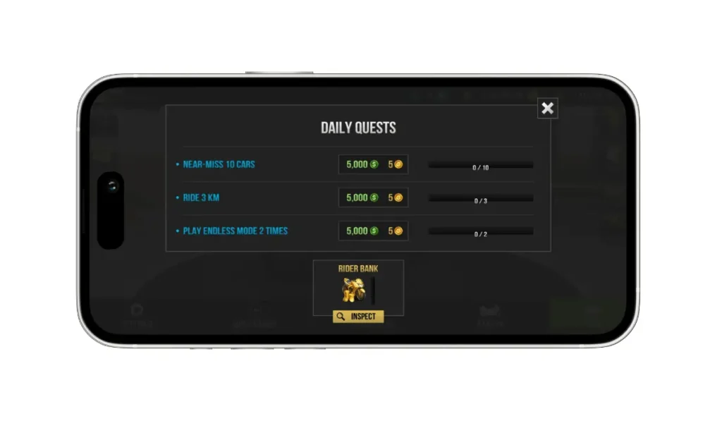 Traffic Rider Mod APK V2.0 (Unlimited Money, All Bikes Unlocked) 39 Daily-Quest-and-Rider-Bank-option